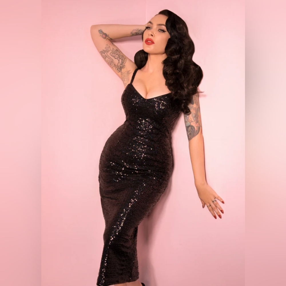 NWT Vixen By Micheline Pitt Glitz & Glamour Black Sequined Dress Size Small